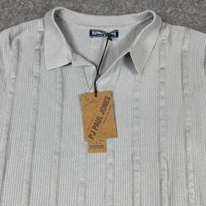 PJ Paul Jones Knit Polo Shirt Mens Med Grey Retro Vintage Style Vertical Stripe